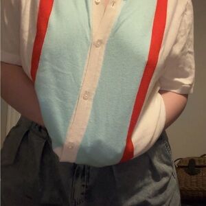 Short-Sleeve Button Front Top in Light Blue, Cream & Red